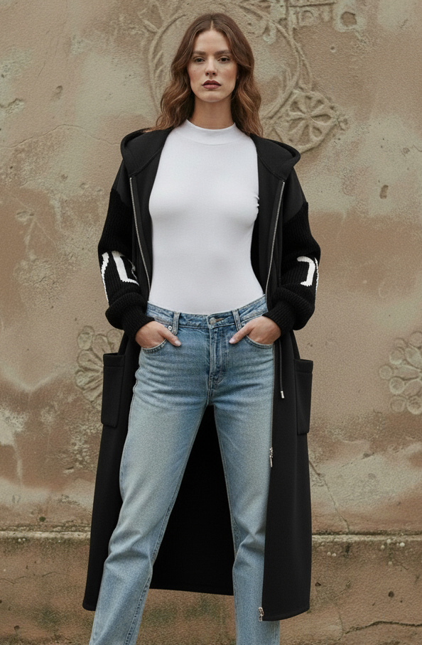 Clara – Women’s Jacket with Knitted Sleeves and Hood