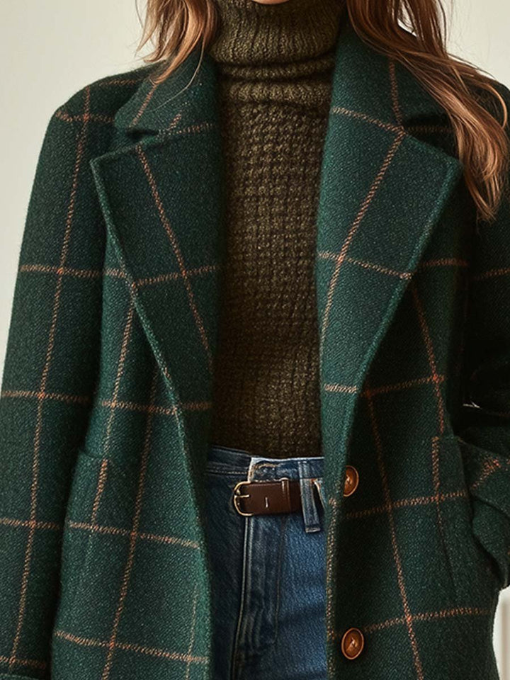 Checked Tweed Coat with Retro Lapels for Women