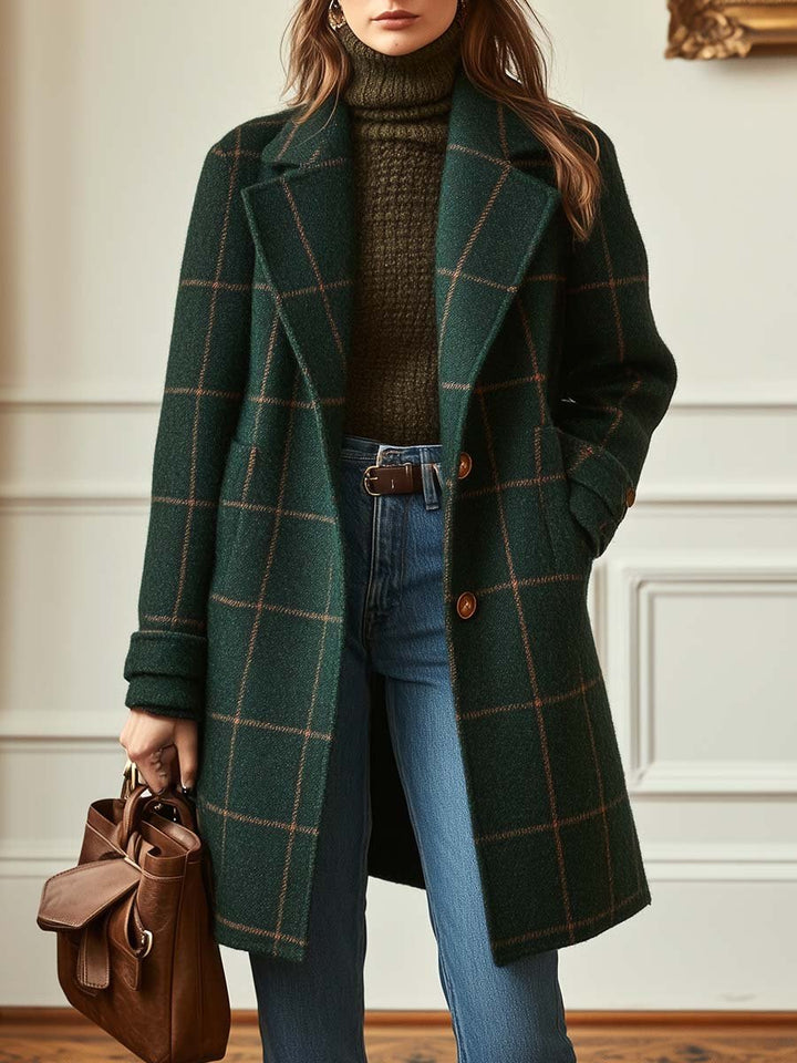 Checked Tweed Coat with Retro Lapels for Women