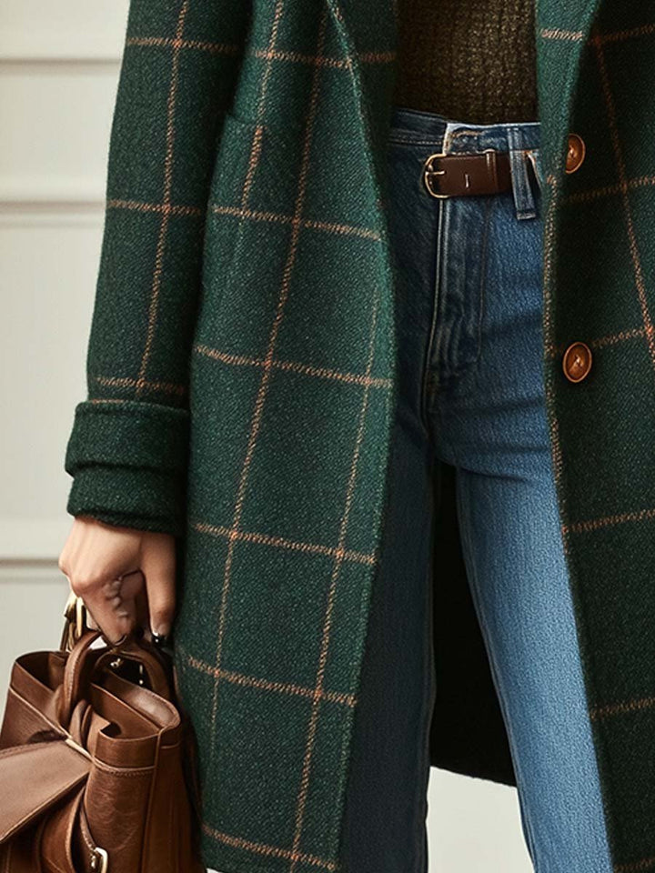 Checked Tweed Coat with Retro Lapels for Women